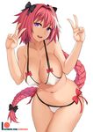  aori_sora astolfo_(fate) bikini black_bow bow braid breasts cleavage commentary cowboy_shot double_v fate/apocrypha fate/grand_order fate_(series) genderswap genderswap_(mtf) green_eyes hair_ribbon highres large_breasts long_hair looking_at_viewer multicolored_hair open_mouth parted_lips pink_hair purple_eyes ribbon single_braid smile solo streaked_hair swimsuit v 