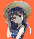  ahoge akito_(pixiv3623507) alternate_costume arm_at_side arm_up bangs bare_arms bare_shoulders blue_hair blush breasts brown_eyes collarbone commentary_request eyebrows_visible_through_hair from_side hand_on_headwear hat kantai_collection large_breasts long_hair open_mouth orange_background polka_dot polka_dot_swimsuit purple_ribbon ribbon sidelocks straw_hat swimsuit ushio_(kantai_collection) 
