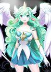  1girl alternate_costume alternate_eye_color alternate_hair_color alternate_hairstyle fluffy_ears gloves green_hair horn league_of_legends long_hair magical_girl solo soraka star_guardian_soraka thighhighs very_long_hair white_gloves white_legwear white_wings wings 