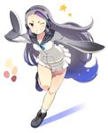  &gt;:) ;) ankle_boots black_footwear black_hair blue_hair blush boots breasts collarbone color_guide dot_nose dress eyebrows eyelashes giant_penguin_(kemono_friends) gradient_hair grey_hair headphones kemono_friends knees_together_feet_apart leg_up long_hair looking_at_viewer multicolored_hair one_eye_closed pink_eyes pleated_dress pleated_skirt pocket purple_hair sailor_collar sailor_dress shadow short_dress short_eyebrows simple_background single_hair_intake single_vertical_stripe skirt small_breasts smile socks solo standing standing_on_one_leg star teeth thick_eyebrows tsurime v-shaped_eyebrows very_long_hair white_background white_dress white_legwear ymatuz zipper zipper_pull_tab 