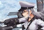  armor black_gloves day facial_scar gangut_(kantai_collection) gloves grey_hair hahaha hat jacket kantai_collection long_hair long_sleeves looking_away military military_hat military_jacket military_uniform naval_uniform ocean orange_eyes peaked_cap pipe scar scar_on_cheek sky smokestack solo turret uniform 