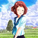  :o blue_skirt blue_sky closed_eyes cloud day facing_viewer grass highres hyouka ibara_mayaka outdoors red_hair school_uniform serafuku short_hair skirt sky t-3_design telephone_pole tree 