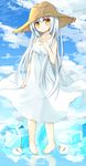  :&lt; bangs bare_arms barefoot blue_sky blush brown_hat clothes_grab cloud cloudy_sky collarbone day dress dress_grab full_body hair_between_eyes hand_on_own_chest hand_up hat head_tilt ice ice_block long_hair looking_at_viewer orange_eyes original outdoors parted_lips pigeon-toed silver_hair sky sleeveless sleeveless_dress snow_bunny solo standing straw_hat sundress triangle_mouth very_long_hair white_dress yuuhagi_(amaretto-no-natsu) 