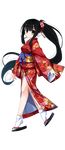  absurdres black_hair floral_print full_body green_eyes hair_ornament heel_raised highres izumi_iko japanese_clothes kimono kohime_(oni_ga_kuru.) long_hair looking_at_viewer neckerchief oni oni_ga_kuru._~ane_ga_hinshi_de_pinchi_desu~ oni_horns ponytail sandals smile solo tabi transparent_background very_long_hair 