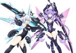  :d bad_id bad_pixiv_id black_heart blue_eyes blue_wings braid breasts cleavage elbow_gloves gloves headgear highres holding holding_sword holding_weapon leotard long_hair looking_at_viewer medium_breasts multiple_girls navel neptune_(series) open_mouth power_symbol purple_eyes purple_hair purple_heart smile sword symbol-shaped_pupils thighhighs twin_braids very_long_hair weapon white_background white_hair wings zero_(ray_0805) 