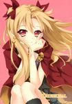  absurdres blonde_hair character_name earrings ereshkigal_(fate/grand_order) eyebrows_visible_through_hair fate/grand_order fate_(series) hair_ribbon hands_on_own_cheeks hands_on_own_face highres hisagiyuu jewelry long_hair looking_at_viewer pink_background red_eyes red_ribbon ribbon scan sitting smile solo twintails very_long_hair 
