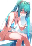  aqua_eyes aqua_hair bangs bikini blue_bikini breasts chikuwa_(garakuta_waakusu) cleavage commentary_request hatsune_miku highres leaning_forward long_hair looking_at_viewer medium_breasts sidelocks sitting smile solo swimsuit twintails v very_long_hair vocaloid 