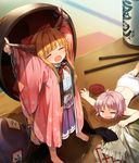  =_= \o/ arms_up bangs barefoot bloomers blue_ribbon blurry blush bottle bow bowl broken chain chopsticks closed_eyes clothes_theft crying cup depth_of_field drunk eyebrows_visible_through_hair fang gourd highres holding holding_bowl horn_ribbon horns ibuki_suika japanese_clothes kimono long_hair long_sleeves lying minigirl multiple_girls needle ofuda on_stomach open_mouth orange_hair outstretched_arm outstretched_arms pink_hair pink_kimono purple_skirt pyramid reaching red_bow red_ribbon ribbon sakazuki sake_bottle shinoba shirt short_hair skirt spill sukuna_shinmyoumaru table theft topless touhou underwear wavy_mouth white_bloomers white_shirt wide_sleeves 
