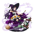  :d black_hat black_legwear black_shorts broom broom_riding brown_eyes brown_footwear dress floating_hair frilled_shorts frills full_body halloween halloween_costume hand_on_headwear hat headband layered_dress long_hair looking_at_viewer official_art open_mouth pointy_ears purple_hair shorts shorts_under_dress simple_background sleeveless smile solo sword_art_online sword_art_online:_code_register thighhighs very_long_hair white_background witch_hat yuuki_(sao) 