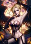  arm_up armpits artist_name ayya_saparniyazova bare_shoulders blonde_hair blue_eyes breasts choker cleavage earrings elbow_gloves freckles garter_straps gloves hair_tie hair_tie_in_mouth halloween high_ponytail holding holding_hair jewelry large_breasts looking_at_viewer mercy_(overwatch) mouth_hold overwatch panties pinup pumpkin signature sitting solo spread_wings strapless thighhighs tubetop underwear witch witch_mercy 