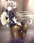  1girl against_wall artist_request ass blue_eyes blush bodysuit detached_sleeves from_behind gloves headgear horizon_ariadust kyoukaisenjou_no_horizon long_hair looking_at_viewer pantyhose shiny shiny_clothes shiny_hair silver_hair solo thong very_long_hair 