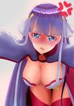  absurdres anger_vein blue_eyes blush breasts cleavage der_zweite fate/grand_order fate_(series) frown full-face_blush hair_ornament hair_ribbon hanging_breasts highres large_breasts leaning_forward long_hair looking_at_viewer purple_hair ribbon saint_martha solo thighhighs trembling very_long_hair 