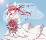  artist_name blue_background bouquet breasts bridal_veil cleavage date_a_live diadem dress earrings elbow_gloves eyebrows_visible_through_hair floating_hair flower gloves hair_between_eyes hair_flower hair_ornament hair_ribbon hand_in_hair holding holding_bouquet itsuka_kotori jewelry layered_dress long_hair looking_at_viewer necklace qingchen_(694757286) red_eyes red_flower red_hair red_ribbon ribbon sideboob simple_background sleeveless sleeveless_dress small_breasts smile solo strapless strapless_dress twintails veil wedding_dress white_dress white_gloves white_ribbon yellow_flower 