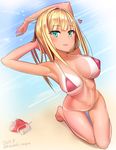  alessandra_susu armpits arms_behind_head arms_up artist_name barefoot beach bikini bikini_bottom_removed bikini_tan blonde_hair bottomless breasts breasts_apart dated day dutch_angle enty_reward eyebrows_visible_through_hair folded_leg from_above green_eyes halterneck heart highres kanzaki_muyu kneeling large_breasts long_hair navel open_mouth outdoors paid_reward pink_bikini skindentation smile solo swimsuit tan tanline thigh_gap tokyo_7th_sisters twitter_username 