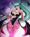  animal_print bat bat_print bat_wings blue_legwear blurry blurry_background breasts bridal_gauntlets cleavage demon_girl green_eyes green_hair head_wings highres large_breasts leotard lilith_aensland long_hair low_wings mcdobo morrigan_aensland multiple_girls pantyhose purple_hair purple_legwear red_leotard short_hair succubus vampire_(game) wings 