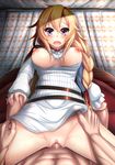  1girl :o abs blonde_hair bottomless braid breasts breasts_outside censored chateau_gaillard_(oshiro_project) clothed_female_nude_male clothed_sex cowgirl_position fuuki_(te_fuukin) girl_on_top hetero highres long_hair looking_at_viewer medium_breasts nipples nude open_mouth oshiro_project oshiro_project_re penis purple_eyes pussy sex shiny shiny_skin shirt spread_legs straddling thigh_grab torogao vaginal white_shirt 