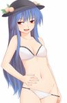  :d bangs bare_arms black_hat blue_hair bra breasts cleavage cowboy_shot eyebrows_visible_through_hair food fruit groin hand_on_own_stomach hat hinanawi_tenshi leaf long_hair looking_at_viewer medium_breasts miyo_(ranthath) navel open_mouth panties panty_pull peach pulled_by_self red_eyes sidelocks simple_background smile solo touhou underwear underwear_only white_background white_bra white_panties 