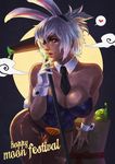  absurdres animal_ears bare_shoulders battle_bunny_riven belt breasts bunny_ears bunnysuit cleavage commentary detached_collar gloves half_updo heart highres large_breasts league_of_legends lips mochitsuki monori_rogue monster_boy necktie nose orange_eyes original pantyhose riven_(league_of_legends) short_hair silver_hair single_glove slime solo_focus spoken_heart thigh_gap white_gloves wrist_cuffs zac 