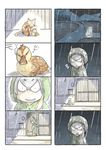  4koma animal bird cat comic duck duckling grey_hair highres hood kemono_friends multiple_4koma murakami_kou_(raye) night outdoors rain raincoat shoebill_(kemono_friends) silent_comic smile 