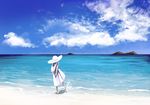  barefoot beach blue_sky cloud cloudy_sky commentary day dress from_behind hat ishii_hisao original outdoors sky sleeveless sleeveless_dress solo sun_hat white_dress white_hair 