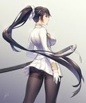  aiguillette anbe_yoshirou artist_name ass azur_lane bangs black_hair black_legwear breasts brown_eyes closed_mouth commentary_request dated eyebrows_visible_through_hair floating_hair gloves gradient gradient_background gusset half_gloves highres katana large_breasts legs_apart long_hair looking_to_the_side military military_uniform miniskirt panties panties_under_pantyhose pantyhose pleated_skirt ponytail profile sheath sheathed sidelocks signature skirt solo standing sword takao_(azur_lane) thighband_pantyhose thighs underwear uniform very_long_hair weapon white_gloves white_skirt 