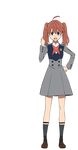  brown_footwear darling_in_the_franxx dress full_body green_eyes hand_on_hip looking_at_viewer mary_janes miku_(darling_in_the_franxx) official_art open_mouth school_uniform shoes smile sock_garters socks solo standing tanaka_masayoshi transparent_background twintails 