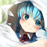  absurdres blue_eyes blue_hair blush cirno closed_mouth commentary eyebrows_visible_through_hair highres ice ice_wings miri_(miri0xl) pov short_hair smile solo touhou under_covers upper_body wings 