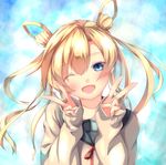  ;d abukuma_(kantai_collection) blonde_hair blue_background blue_eyes blush boots commentary_request double_bun double_v eyebrows_visible_through_hair eyes_visible_through_hair hair_between_eyes hair_rings hands_up head_tilt kantai_collection kei_(pixiv2548624) long_hair long_sleeves looking_at_viewer one_eye_closed open_mouth red_ribbon ribbon school_uniform serafuku sidelocks smile solo sweater twintails v 