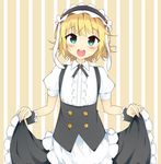  :d ainvy_(envieout) animal_ears apron aqua_eyes bangs black_neckwear black_skirt blonde_hair blunt_bangs blush bolo_tie bunny_ears collared_shirt commentary_request eyebrows_visible_through_hair fake_animal_ears flat_chest fleur_de_lapin_uniform floppy_ears frilled_apron frilled_cuffs frilled_shirt frilled_skirt frills gochuumon_wa_usagi_desu_ka? kirima_sharo looking_at_viewer maid_headdress open_mouth puffy_short_sleeves puffy_sleeves shirt short_hair short_sleeves skirt skirt_hold smile solo striped striped_background two-tone_background underbust vertical-striped_background vertical_stripes waist_apron white_apron white_shirt wing_collar wrist_cuffs 