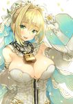  :d ahoge arm_up bangs blonde_hair blush breasts bridal_veil chain cleavage collar confetti detached_collar detached_sleeves elbow_gloves eyebrows_visible_through_hair fate/extra fate/extra_ccc fate_(series) flower gloves green_eyes hair_between_eyes hair_intakes highres holding holding_flower juliet_sleeves large_breasts lock long_sleeves looking_at_viewer mirei nero_claudius_(bride)_(fate) nero_claudius_(fate)_(all) open_mouth padlock petals puffy_sleeves short_hair sidelocks simple_background smile solo teeth upper_body veil white_background white_gloves white_sleeves wide_sleeves zipper zipper_pull_tab 