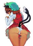  animal_ears ass between_thighs brown_hair cat_ears chen cowboy_shot earrings from_behind hat heart highres jewelry juliet_sleeves long_sleeves looking_at_viewer looking_back microskirt mob_cap multiple_tails osaname_riku panties pleated_skirt puffy_sleeves red_eyes red_vest shirt simple_background single_earring skirt skirt_set solo sweat tail tan tanline touhou two_tails underwear vest white_background white_panties white_shirt 