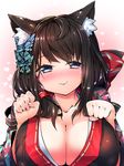  :&gt; animal_ears azur_lane black_hair blue_eyes blush breasts butterfly_hair_ornament cat_ears cleavage fusou_(azur_lane) hair_ornament heart heart_background highres japanese_clothes large_breasts long_hair looking_at_viewer paw_pose shirasagi_rokuwa smile solo 
