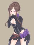  black_dress black_gloves blush bow breasts brown_hair cleavage commentary_request covered_navel cowboy_shot dorothy_(princess_principal) dress eyebrows_visible_through_hair frills gloves highres irise large_breasts long_hair looking_at_viewer princess_principal purple_eyes simple_background smile solo 