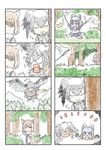  &gt;_&lt; 4koma animal_ears brown_hair bush butterfly_net closed_eyes comic common_raccoon_(kemono_friends) day embarrassed flying forest fox_ears fox_tail grey_hair hand_net head_wings highres kemono_friends low_ponytail mountain multiple_4koma multiple_girls murakami_kou_(raye) nature outdoors peeking_out raccoon_ears raccoon_tail running shoebill_(kemono_friends) short_hair silent_comic smile surprised tail tibetan_sand_fox_(kemono_friends) tree yellow_eyes 