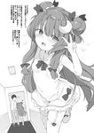  1girl bangs bare_arms blunt_bangs blush bow breasts double_bun dress garter_straps greyscale hair_bow kedama_milk long_hair looking_at_viewer monochrome patchouli_knowledge short_dress sidelocks slippers small_breasts smile standing standing_on_one_leg thighhighs touhou v very_long_hair younger 