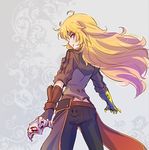  ahoge blonde_hair commentary_request iesupa long_hair looking_back mask one_eye_closed prosthesis prosthetic_arm purple_eyes rwby smiley_face solo yang_xiao_long 