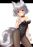  animal_ears black_bow black_legwear black_leotard black_neckwear bow bowtie breasts cleavage detached_collar inubashiri_momiji kei_kei leotard looking_at_viewer medium_breasts pantyhose playboy_bunny_leotard red_eyes short_hair silver_hair simple_background solo tail touhou white_background wolf_ears wolf_tail wrist_cuffs 