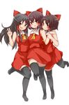  :d absurdres ascot bangs bare_arms benikurage black_hair black_legwear blush bow breasts brown_eyes brown_hair closed_mouth cookie_(touhou) eyebrows_visible_through_hair full_body girl_sandwich hair_bow hair_tubes hakurei_reimu highres long_hair looking_at_viewer medium_breasts multiple_girls no_detached_sleeves no_shoes open_mouth red_bow red_eyes red_skirt reu sananana sandwiched short_hair sidelocks simple_background skirt skirt_set sleeveless smile standing standing_on_one_leg thighhighs touhou v v-shaped_eyebrows white_background yellow_eyes yumekamaborosh zettai_ryouiki 