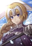  blonde_hair blue_eyes braid breasts capelet chain fate/apocrypha fate_(series) flag flagpole gauntlets headpiece jeanne_d'arc_(fate) jeanne_d'arc_(fate)_(all) large_breasts long_hair looking_at_viewer smile solo sumomo7317 upper_body 