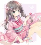  :o bangs blush bow bowtie brown_hair checkered commentary_request eyebrows_visible_through_hair floral_print flower frilled_kimono frills green_eyes hair_bobbles hair_bow hair_flower hair_ornament hand_up highres holding holding_lollipop hoshi_(snacherubi) japanese_clothes kimono long_hair long_sleeves looking_at_viewer obi original parted_lips pink_bow pink_kimono pinwheel print_kimono purple_sailor_collar red_neckwear sailor_collar sash short_kimono sidelocks simple_background sitting solo twintails white_wings wide_sleeves wings 