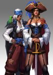  alternate_costume ana_(overwatch) arm_around_shoulder bird black_hair breasts cleavage corsair_ana dark_skin eyepatch facial_tattoo garter_straps grey_hair hat headband jacket_on_shoulders jewelry keiyuki large_breasts looking_at_viewer mother_and_daughter multiple_girls open_collar overwatch parrot pharah_(overwatch) pirate pirate_hat ring sword tattoo weapon 