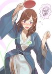  :o absurdres ball bath_yukata blush breasts brown_hair cleavage clenched_hand commentary dotera_(clothes) highres japanese_clothes kimono kitazawa_(embers) large_breasts long_hair original paddle solo spoken_squiggle squiggle table_tennis table_tennis_ball table_tennis_paddle translated yukata 