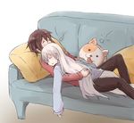  closed_eyes commentary couch cushion hug multiple_girls nagasawa_(tthnhk) red_hair ruby_rose rwby scar scar_across_eye sleeping weiss_schnee white_hair yuri 