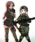  :o ahagon_umiko army assault_rifle blonde_hair blue_eyes brown_hair commentary_request dark_skin elbow_gloves gloves gun hair_ornament handgun helmet holding holding_gun holding_weapon knee_pads long_hair machine_gun military military_uniform multiple_girls new_game! open_mouth perioikoi rifle sakura_nene soldier thighhighs uniform walkie-talkie wavy_mouth weapon 