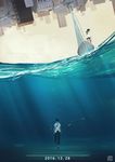  1girl bag boat city cityscape dated dress fish highres light_rays ocean original sailboat sailor_dress scenery school_bag school_uniform scorpionfish submerged underwater upside-down upskirt walking water watercraft 