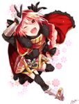  ;d amamfoy artist_name astolfo_(fate) black_legwear blush braid cape capelet fate/apocrypha fate/grand_order fate_(series) flower fur_trim garter_straps gauntlets long_hair male_focus one_eye_closed open_mouth otoko_no_ko pink_hair red_cape red_eyes smile solo thighhighs v 