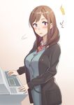  1girl black_jacket blush breasts brown_hair cardigan copy_machine highres jacket kitazawa_(embers) large_breasts long_hair long_sleeves looking_at_viewer office_lady open_mouth original purple_eyes red_neckwear simple_background solo white_background 