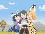  :d ^_^ ahoge animal_ears bare_shoulders black_gloves black_hair black_legwear black_neckwear blonde_hair blue_skirt blue_sky bow bowtie chair closed_eyes cloud common_raccoon_(kemono_friends) day elbow_gloves extra_ears fang girl_sandwich gloves grass grey_hair group_hug hair_between_eyes happy highres hug kaban_(kemono_friends) kemono_friends lucky_beast_(kemono_friends) multicolored_hair multiple_girls nature open_mouth outdoors pantyhose pantyhose_under_shorts print_gloves print_neckwear print_skirt puffy_short_sleeves puffy_sleeves raccoon_ears raccoon_tail red_shirt sandwiched serval_(kemono_friends) serval_ears serval_print serval_tail shirt short_hair short_sleeves shorts sitting skirt sky sleeveless sleeveless_shirt smile striped_tail sumemako tail tree white_shirt 