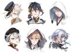  aqua_eyes armor black_hair blonde_hair blue_eyes fuji_(c-b-s) gokotai green_eyes hat honebami_toushirou hood hotarumaru japanese_armor japanese_clothes male_focus mikazuki_munechika multiple_boys necktie parted_lips pom_pom_(clothes) purple_eyes shoulder_armor smile sode touken_ranbu tsurumaru_kuninaga upper_body white_hair yamanbagiri_kunihiro yellow_eyes 