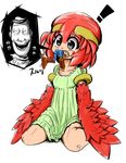  1boy 1girl dress harpy matsugahara_yoshiwo monster_girl open_mouth original red_hair sheriff_woody simple_background smile toy_story vore wariza white_background 